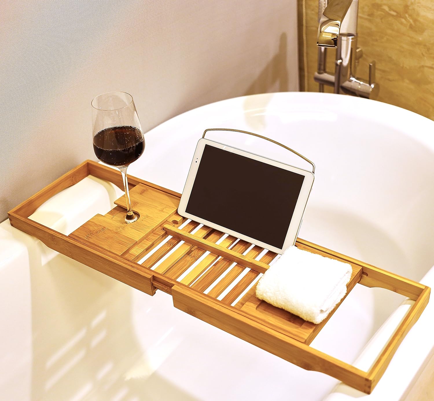 Harcas Premium Bamboo Bath Tray Rack Extendable Bathtub Caddy