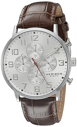 Akribos XXIV Mens AK854SSBR Round Silver Dial Chronograph Quartz Strap Watch