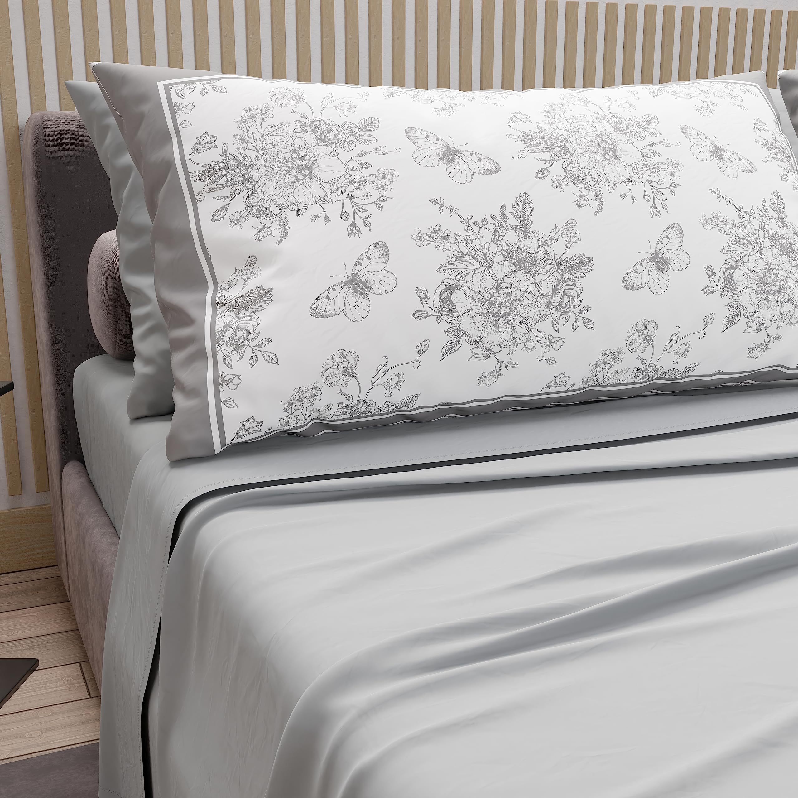 PETTI Artigiani Italiani - Double Bed Linen in Cotton with Pillowcases in Digital Print, for Double Bed, Complete Top and Bottom Sheet with Corners, Light Grey, 100% Made in Italy