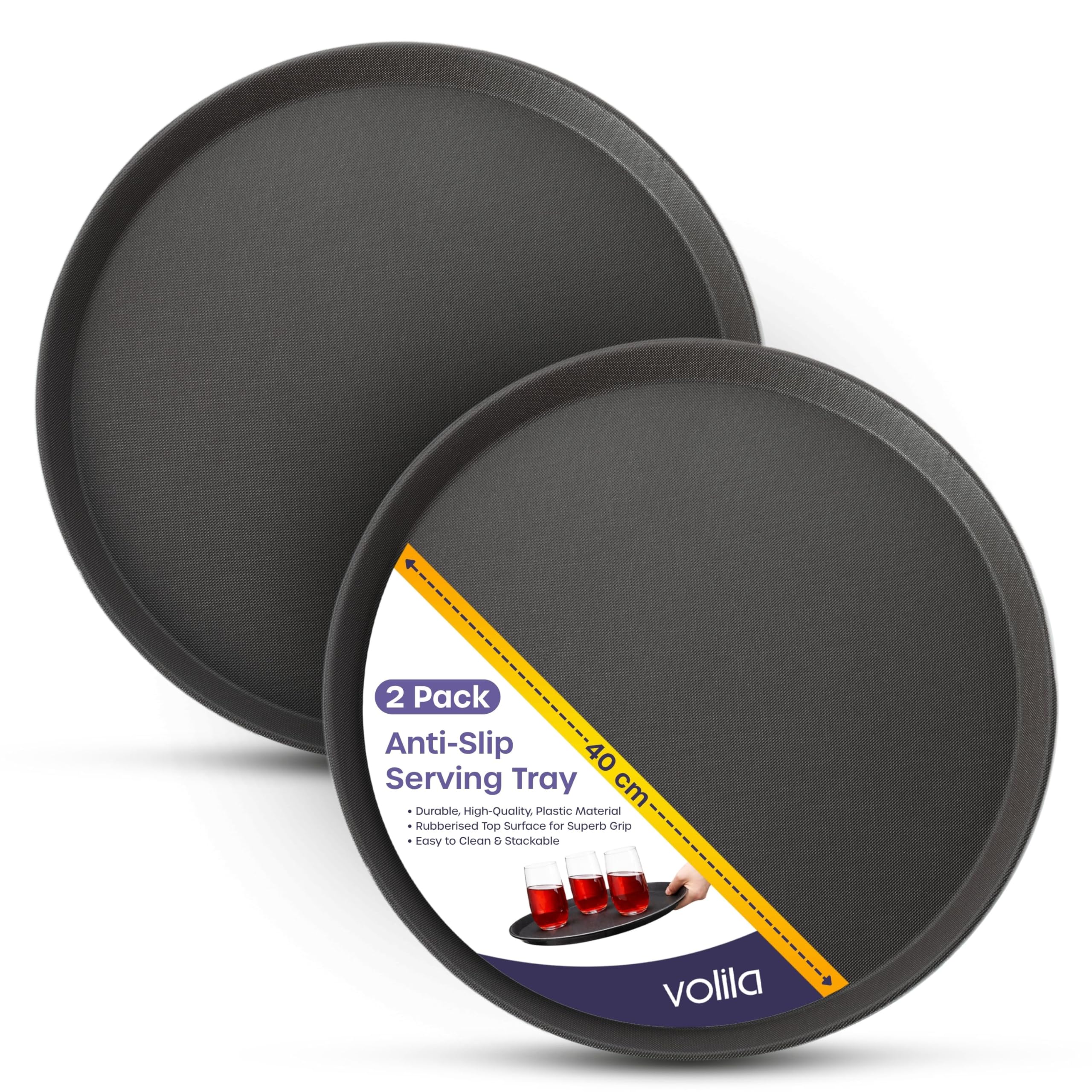 Black Round Tray - 40cm (2 Pack) Rubberized Round Trays for Food Serving and Drinks - Dishwasher Safe Non Slip Tray for Parties, Gatherings, Bars, Restaurants, and Home Use