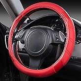 CAR PASS Line Rider Microfiber Leather Sporty Steering Wheel Cover 14.5-15 inch Universal Fits for 95% Truck,SUV,Cars, Anti-Slip Safety Comfortable Desgin (Red-Carbon Fiber)