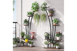 Tribesigns 6-Tier Tall Indoor Plant Stand Pack of 2, Metal Curved Display Shelf with 2 Hanging Hooks, Multi-Purpose Bonsai Fl