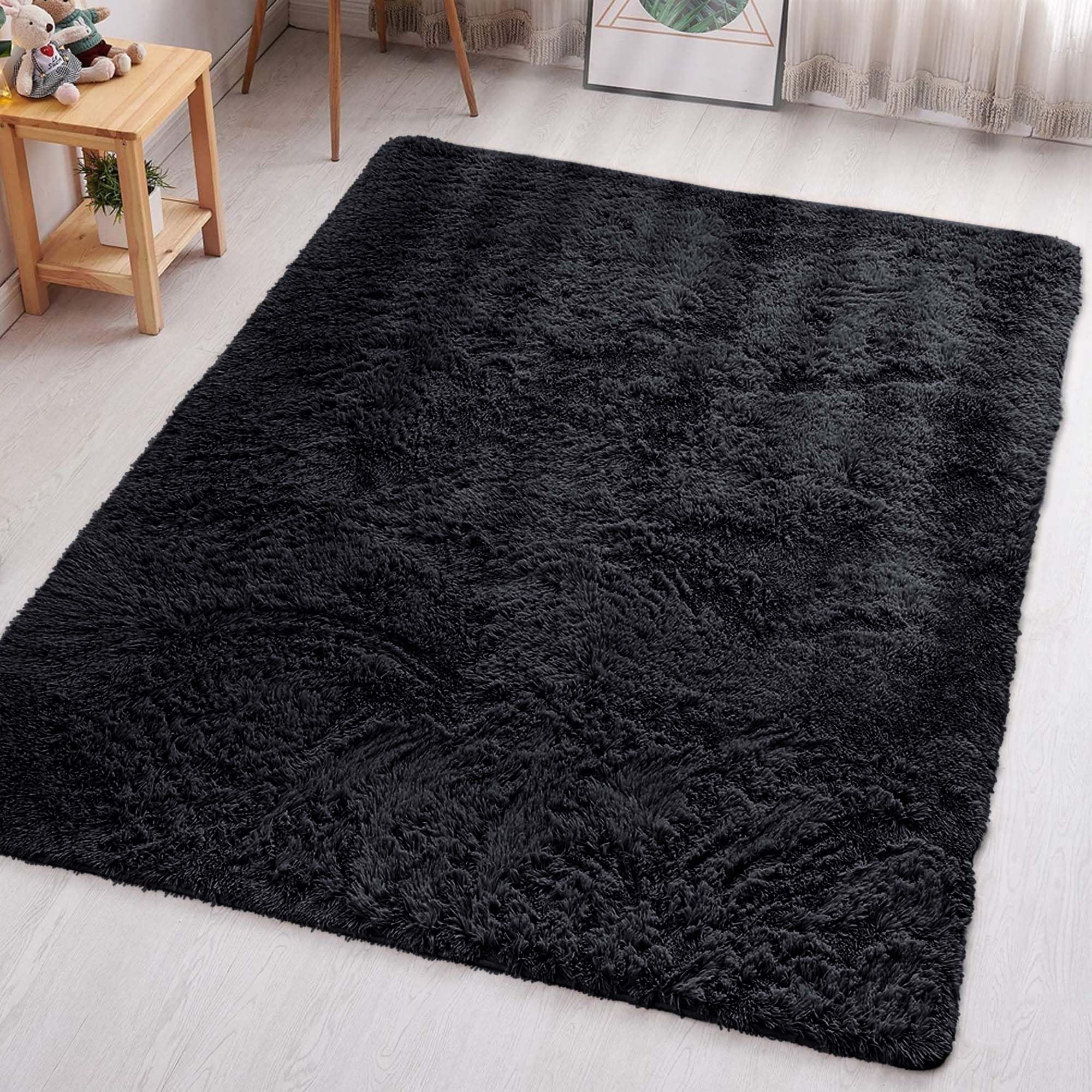 Aspire Homeware Black Rugs for Living Room - Fluffy Area Rugs 80x150cm for Bedroom - Super Soft Thick Pile Shaggy Rug Non Shedding