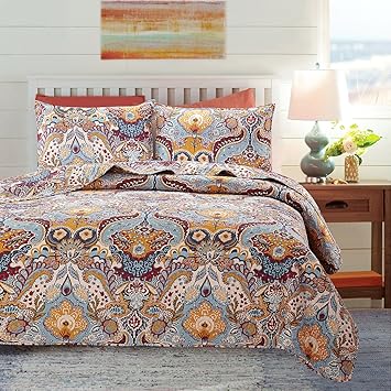 Skipper Furnishings Quilted and Reversible Microfibre Double Bed Spread and 2 Pillow Covers - Paisley, Multicolour
