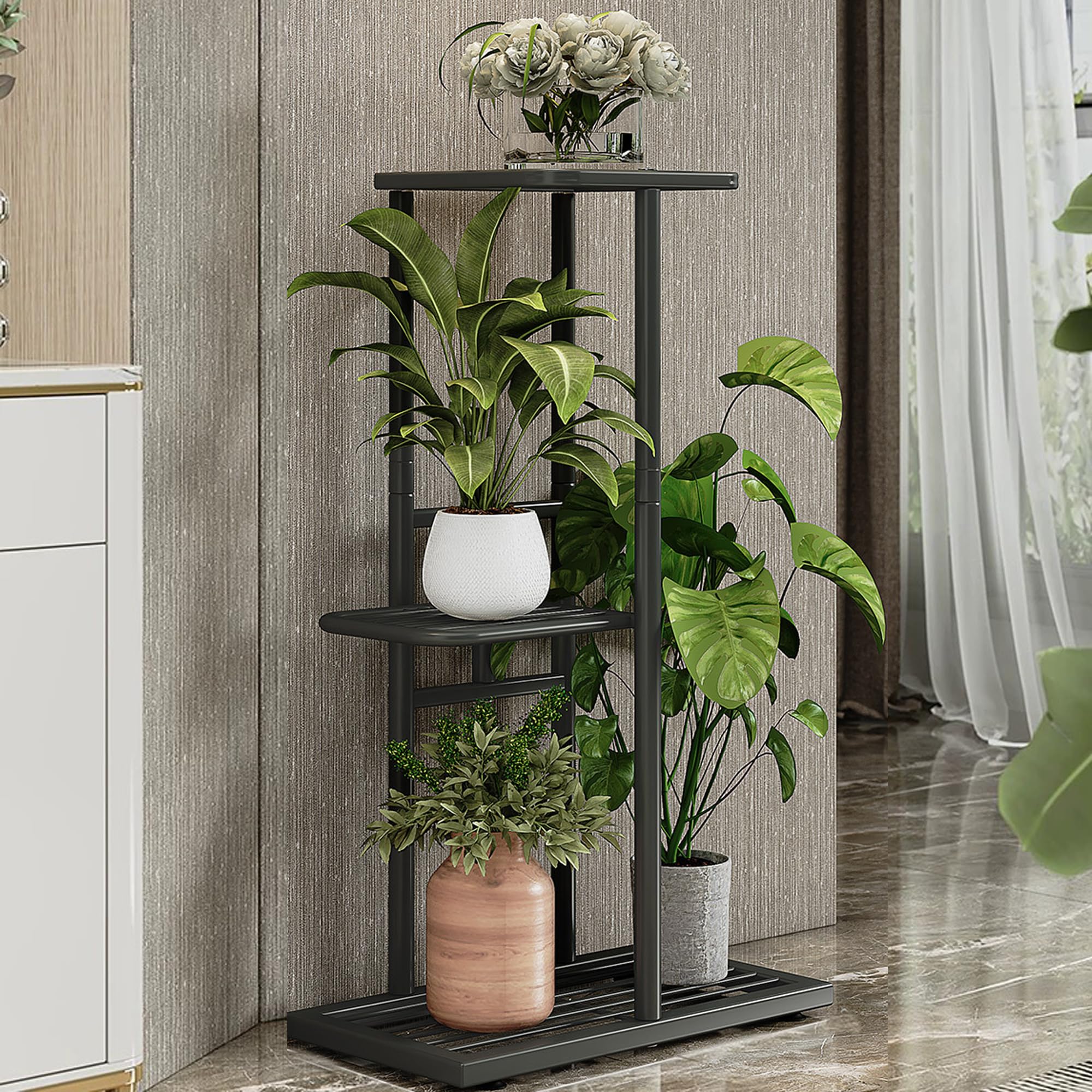 imuounl 3 Tier Metal Plant Stand Indoor Outdoor, Plant Shelf for Multiple Flower Stand Pot Holder, Storage Corner Shelf for Garden Patio Living Room Balcony（black）