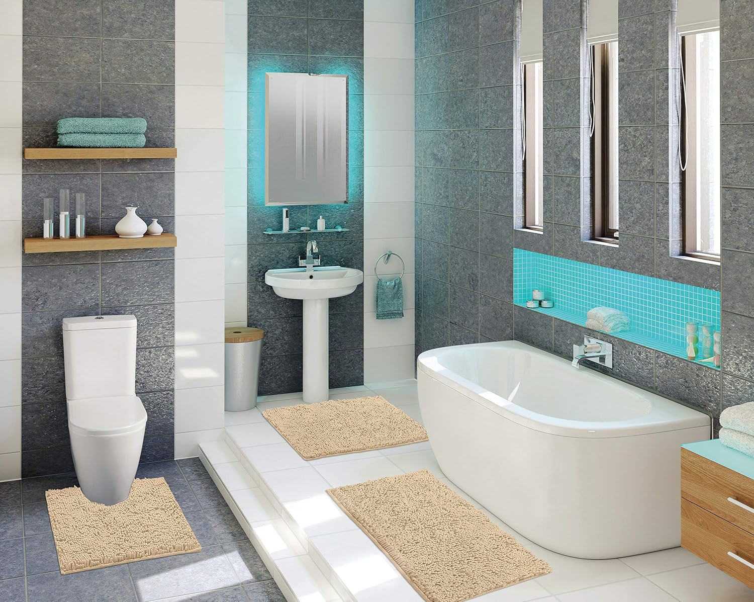LuxUrux Bathroom Rugs 3 Pieces Set Grey, Non-Slip Shaggy Bathroom Mat Set, Includes U-Shaped Contour Toilet Mat, 20 x 30'' and 16 x 24'' Bath Mat, Machine Washable (3 Pc Set - Style A, Light Grey): Kitchen & Dining