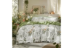 Bedsure Duvet Cover Queen Size - 100% Cotton Reversible Floral Queen Duvet Cover Set with Zipper Closure, 3 Pieces Soft & Breathable Green Bedding Set with 2 Pillow Shams 20"x26"