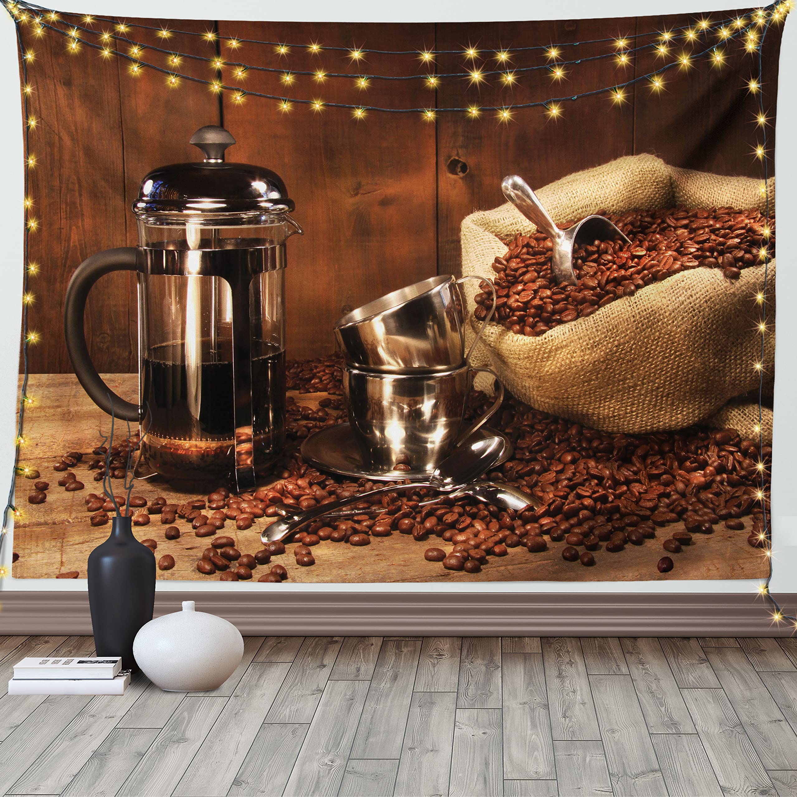 ABAKUHAUS Coffee Tapestry, Vintage Concept Picturesque of a French Press and Cups with Beans in a Sack, Fabric Wall Hanging Decor for Bedroom Living Room Dorm, 230 x 140 cm, Multicolor