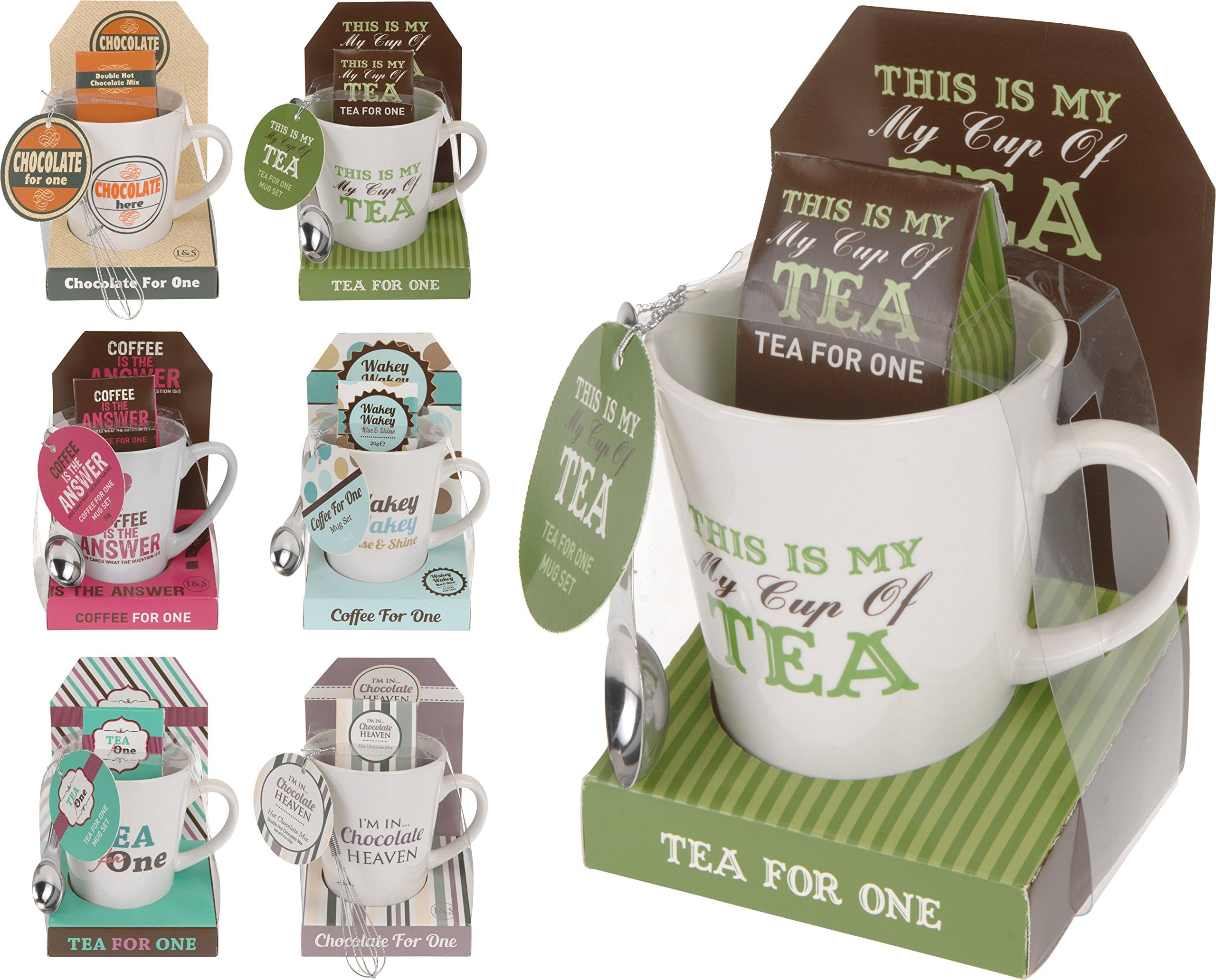 Tea Coffee and Hot Chocolate Mug Sets in 6 Different Wording Designs (Tea for One Tea Set)
