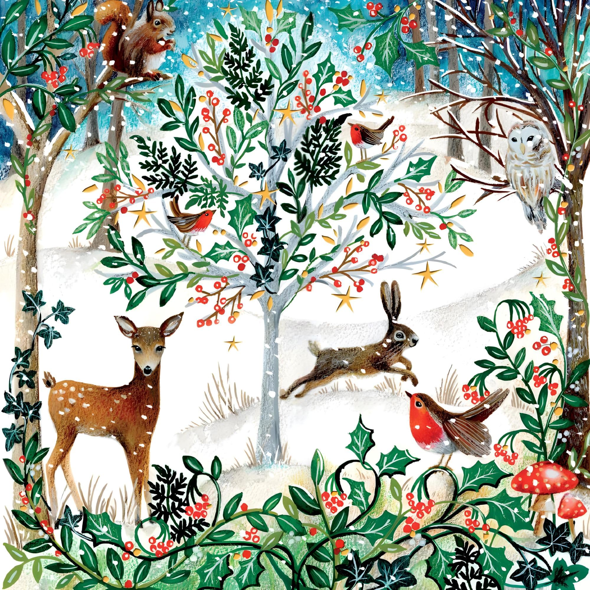 Christmas Cards Pack of 5 - Artistic Festive Deer and Woodland Scene - Winter Forest Glade by Jo Spicer - Eco-Friendly - Made in the UK