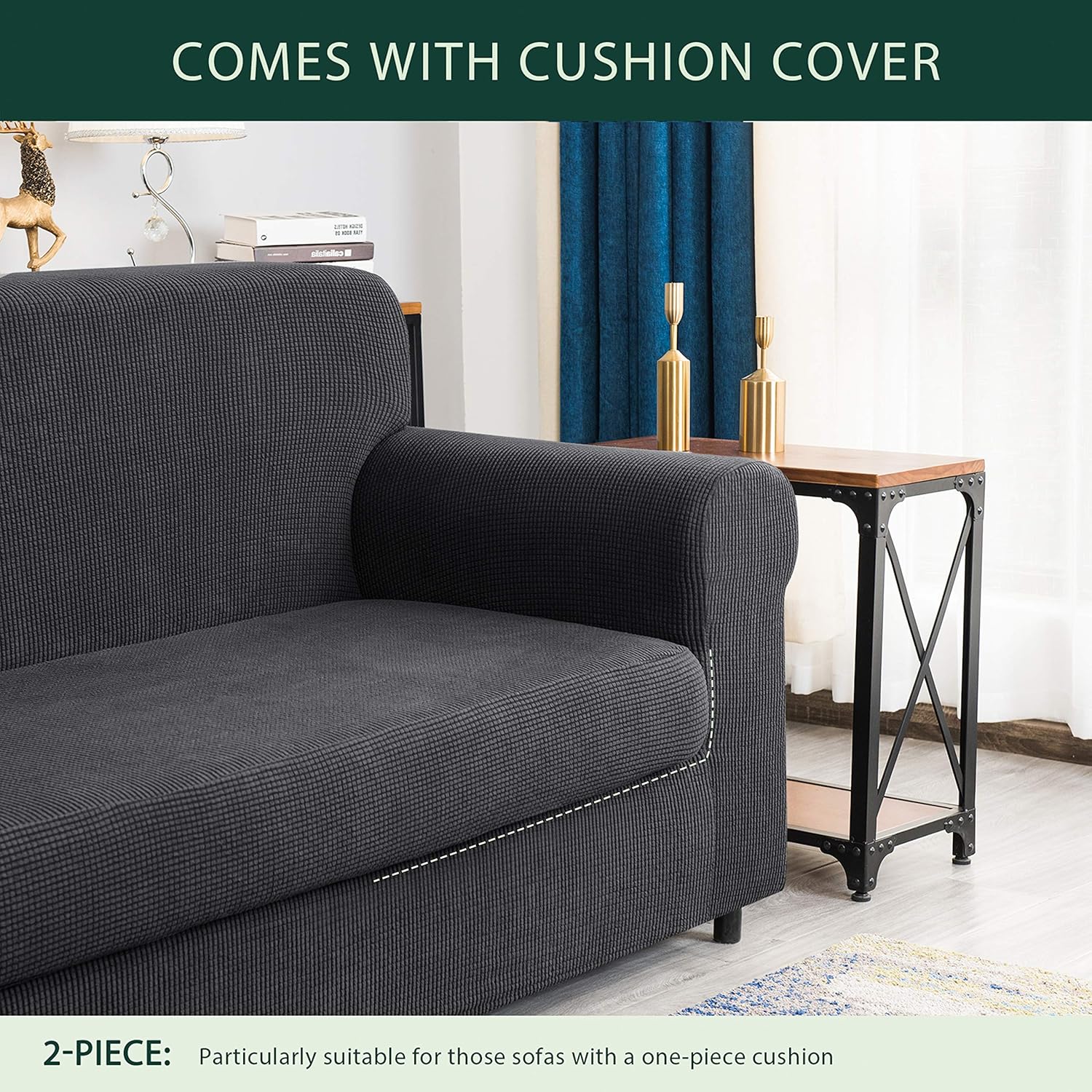 CHUN YI Stretch Sofa Slipcover 2-Piece Couch Cover Furniture Protector, Settee Coat Soft with Elastic Bottom, Checks Spandex Jacquard Fabric, Large, Gray: Furniture & Decor