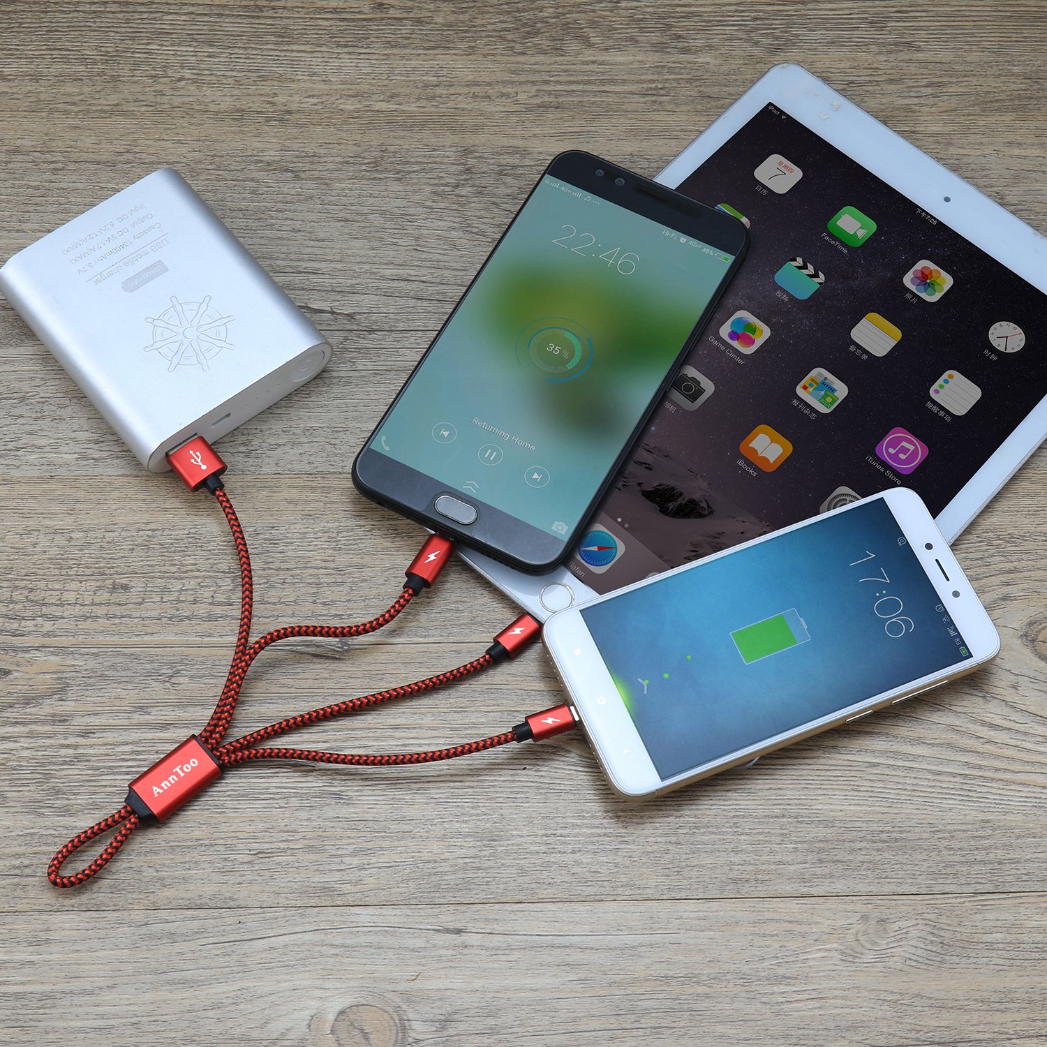 Multi USB Charger AnnToo Multi USB Cable 0.6 FT 3 in 1 Nylon Braided Multiple USB Charging Cables for iPhone iPad Android etc Smartphones with Type C Connector - Red [Only Charging]