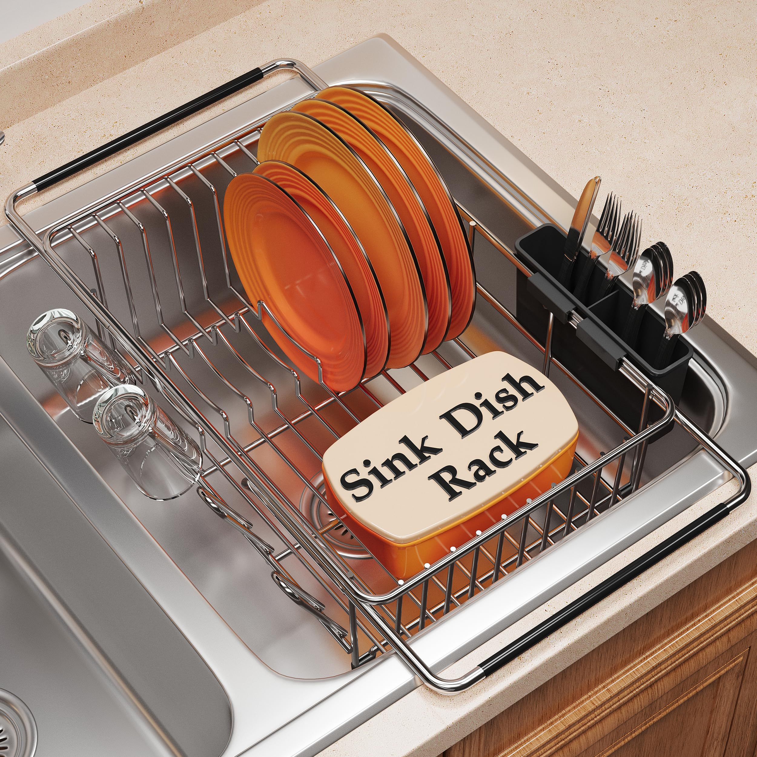 Over the Sink Expandable Dish Drainer Drying Rack In Stainless Steel for Small Kitchen, Counter Space Saving Modern Compact Metal Above Plate Dryer Strainer, Adjustable Hanging Inside Drain Holder Image