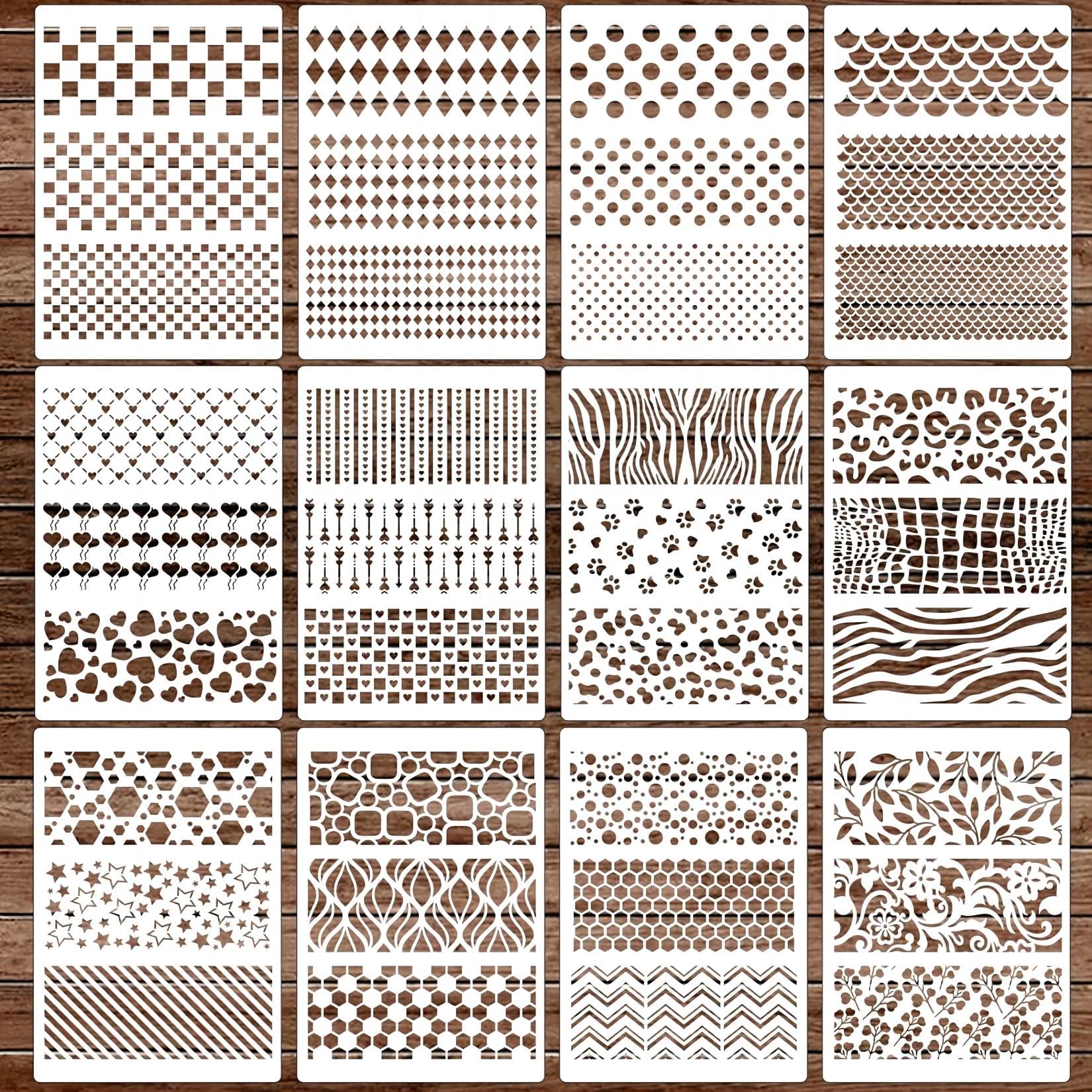 12Pieces Drawing Stencils Set,A4 Stencil for Crafts Reusable Painting Template,Plastic Stencil for Painting on Wood,Furniture Wall Home Decor DIY Scrapbooking