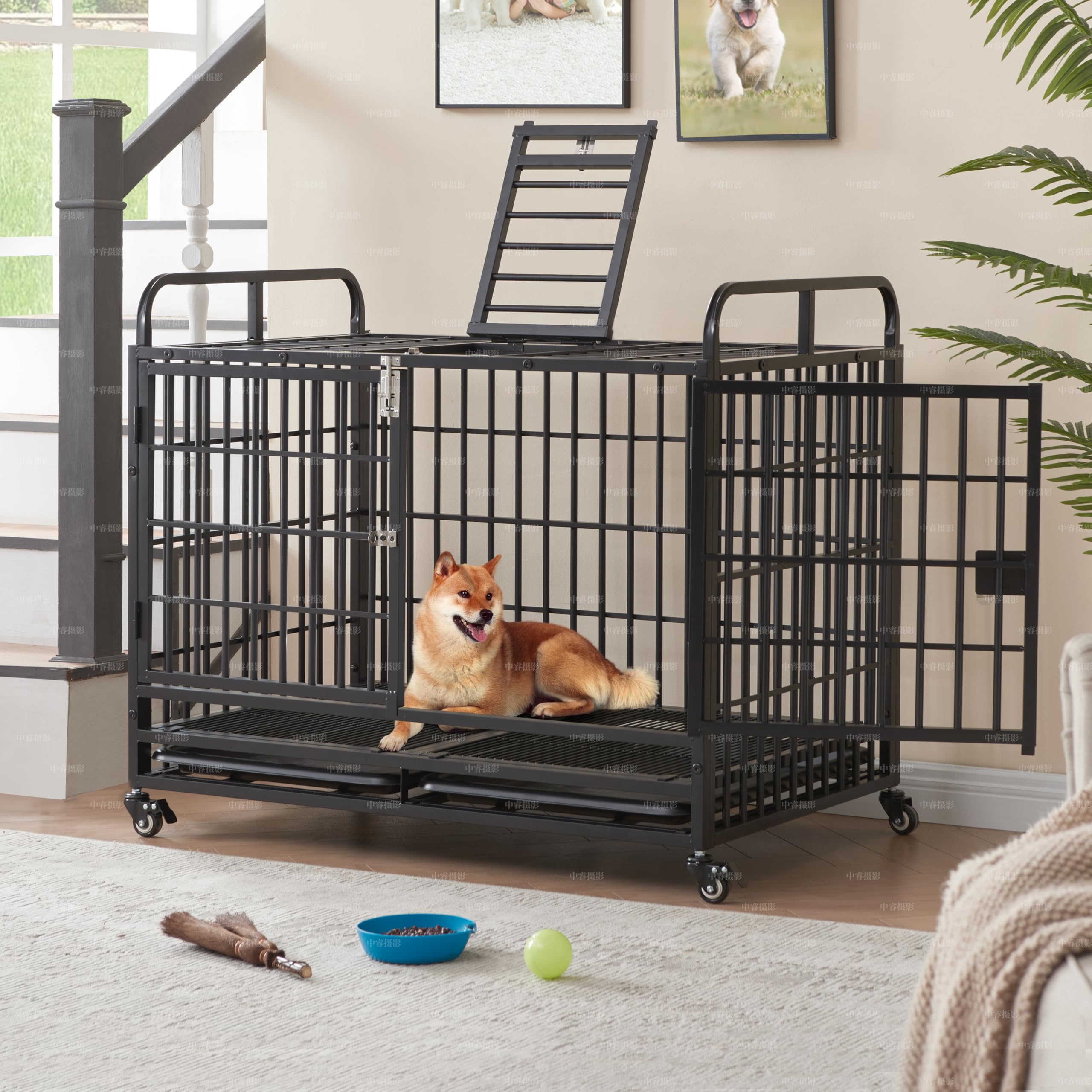 Photo 1 of **MISSING PARTS/MISSING ONE TRAY/MINOR DAMAGE TO ONE BAR-SEE PIC/LOOSE HARDWARE***Lauren&Harold 38 Inch Heavy Duty Dog Crate for Medium/Small Dogs, Metal Dog Kennel Indoor with Top Door&Feed Door, Easy-to-Clean Dog Cage with Removable Tray&Wheels, Small D