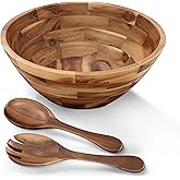 Tidita 12.2" Large Salad Bowl with Serving Utensils, Acacia Wooden Salad Serving Bowl Set with 2 Wood Hands, Wooden Bowls Decorative, Large Serving Bowls for Fruits, Salad and Pasta (Acacia color)