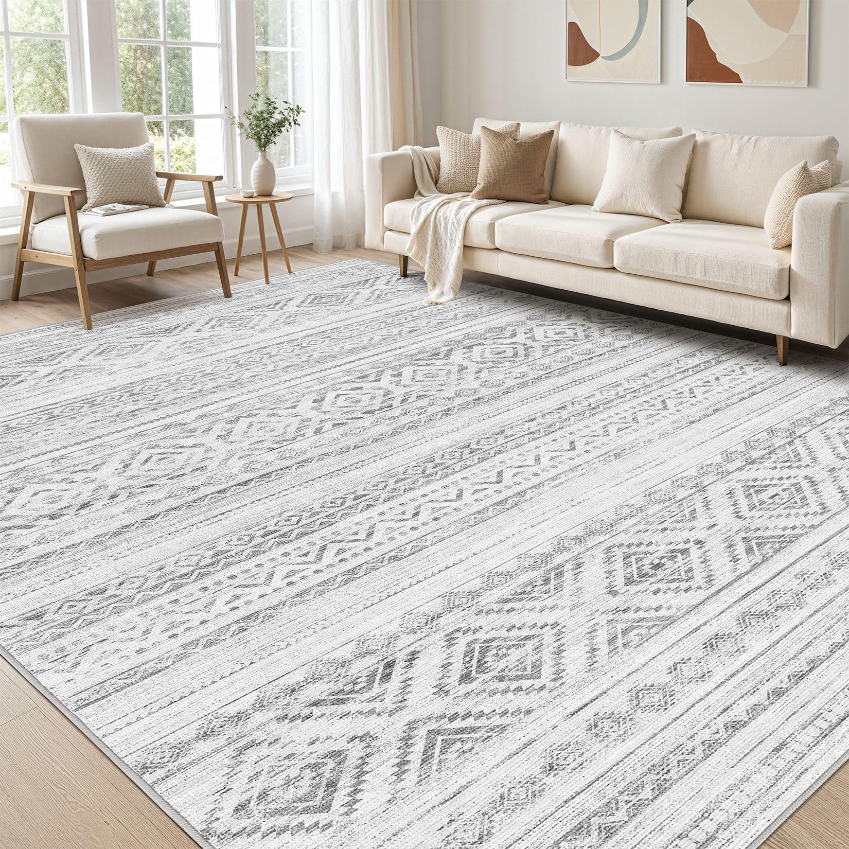 cotiled 5x7 Area Rug for Living Room, Washable Non-Slip Large Area Rug, Indoor Floor Carpet Low Pile Soft Boho Farmhouse Rug for Bedroom Dining Room (Light Grey,5'x7') Image