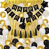 Amandir Birthday Decorations for Men Women Black and Gold New Year Balloons Party Decorations Happy Birthday Banner Tassels Metallic Fringe Curtains 30th 40th 50th 70th Birthday Decorations Supplies