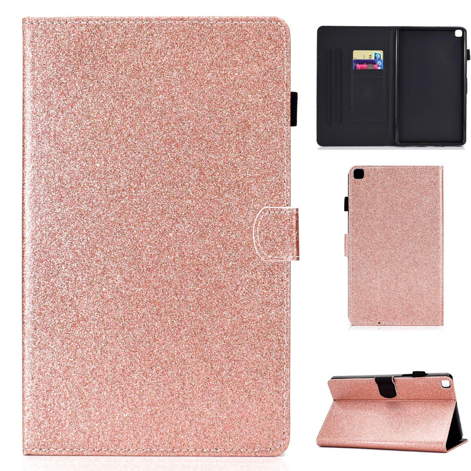 CaseFun Case for Samsung Galaxy Tab A 8.0 T290/T295 2019 Glitter Slim PU Leather Smart Anti Slip Stand Cover with Card Holder, Pencil Holder, RoseGold
