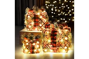 TISEJOY Christmas Lighted Gift Boxes, Pre-lit LED Light Up Christmas Ornament,Christmas Tree Partner Boxes-Red/Green/Blue Yard Indoor Outdoor Decoration Set of 3 for Holiday Party Xmas Home (Rattan)