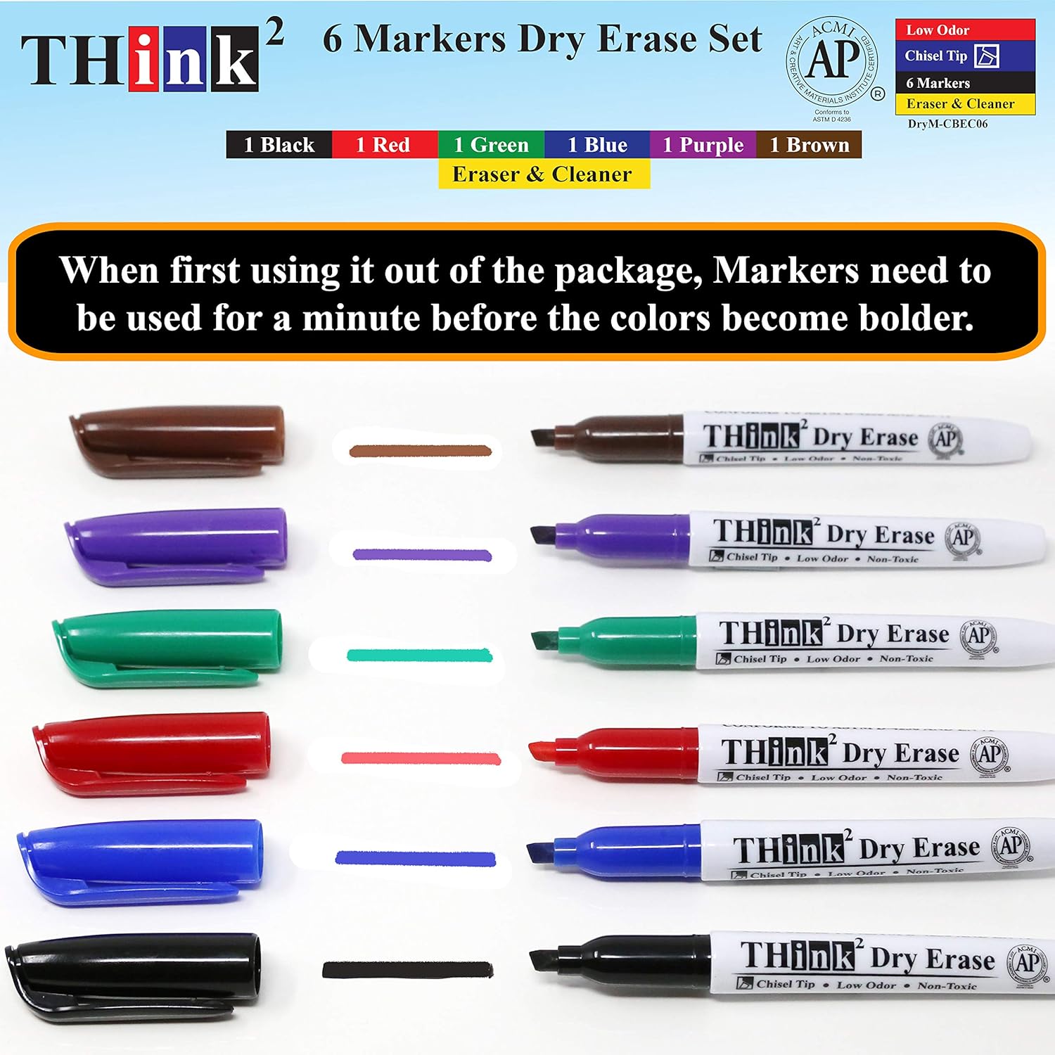 [6 Color Dry Erase Markers] Think2 Chisel Tip Markers with Eraser & Cleaner Set. (1 Black, 1 Red, 1 Blue, 1 Green, 1 Purple, 1 Brown) AP Certified German Ink. For Kids, Classroom, Office, Home : Office Products