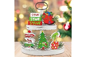 BOpusail 5Pcs Christmas Thief Green Monster Table Decor Wooden Tiered Tray Decorations Centerpieces Whoville Stink Stank Stunk Xmas Tree Freestanding Sign Home Decor for Farmhouse Mantle Fireplace
