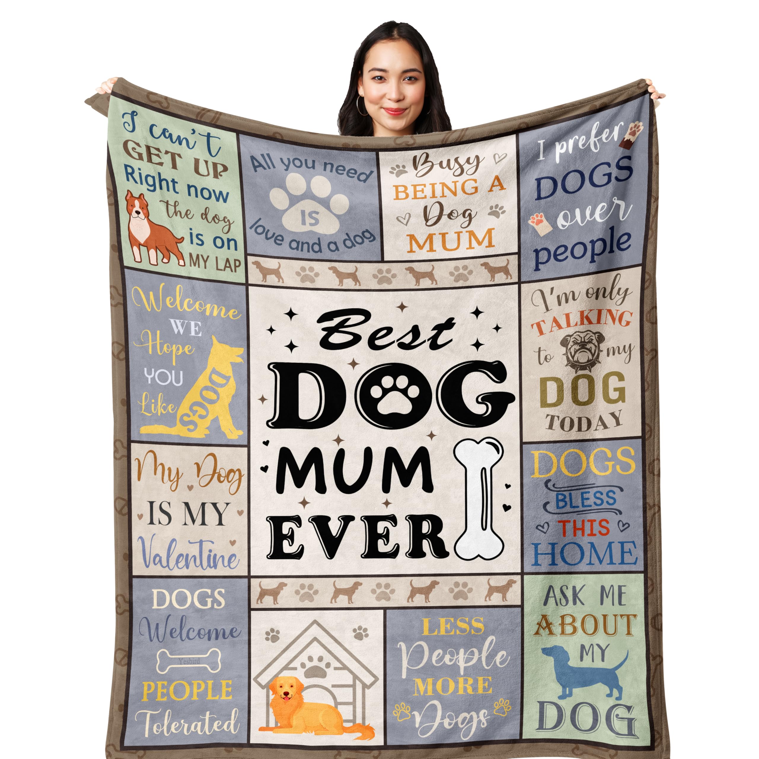 Yesbird Dog Mum Gifts, Gifts for Women, Best Present for Dog Owner/Lovers, Dogs Themed Throw Blanket 150x130 cm for Birthday, Christmas, Mother’s Day