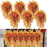 Janinka 6 Pcs Thanksgivng Fall Artificial Hanging Flowers for Outdoor, Autumn Silk Morning Glory Faux Flowers with Eucalyptus Leaves, Realistic Hanging Plants for Home Garden Decor(Yellow and Orange)