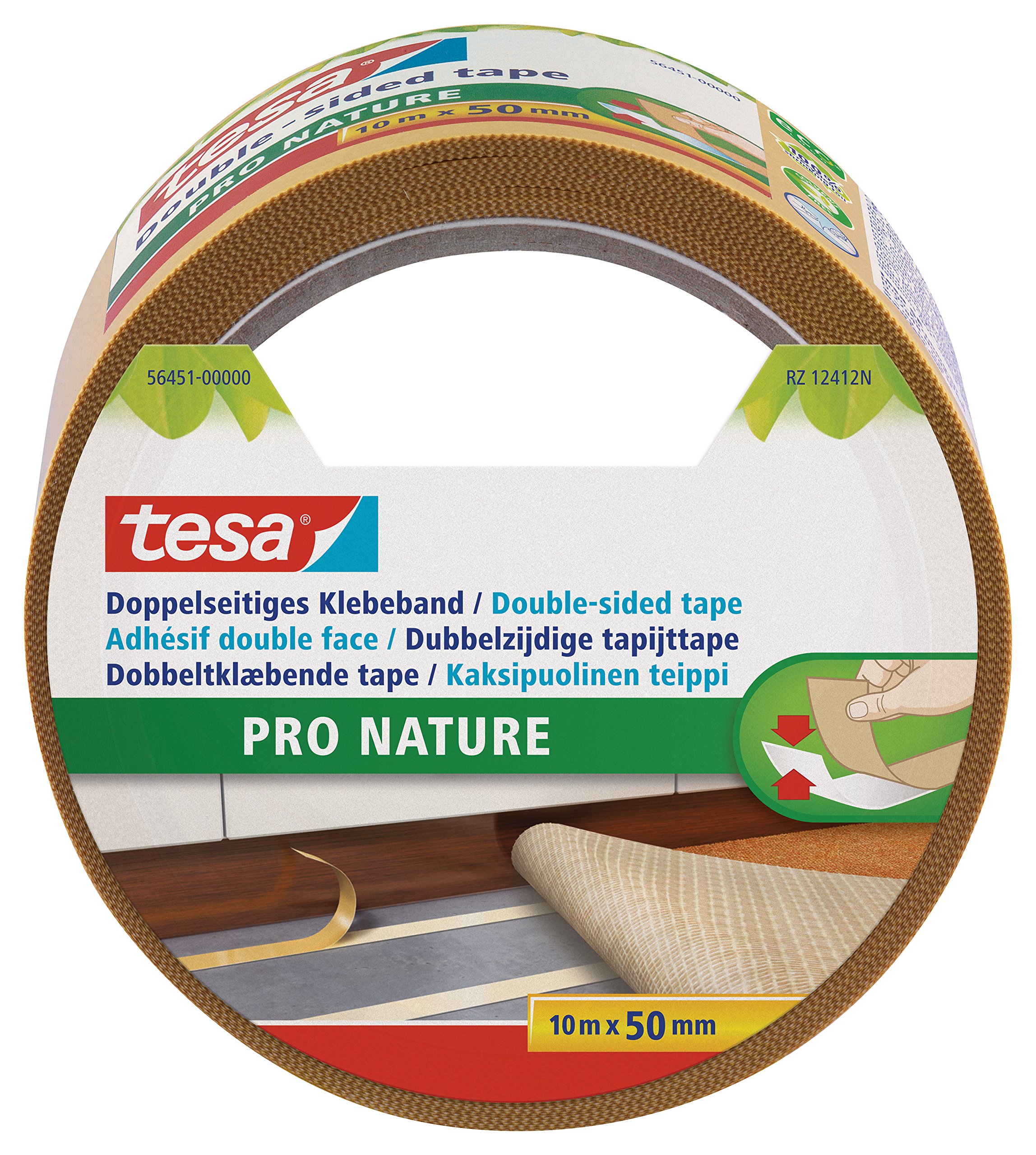 tesa Pro Nature Eco Fixation Double-Sided Tape Roll - Ecological - Versatile - Carpet Fixing, Decoration, Crafts - 100 Percent Recycled Plastic - 10 m x 50 mm