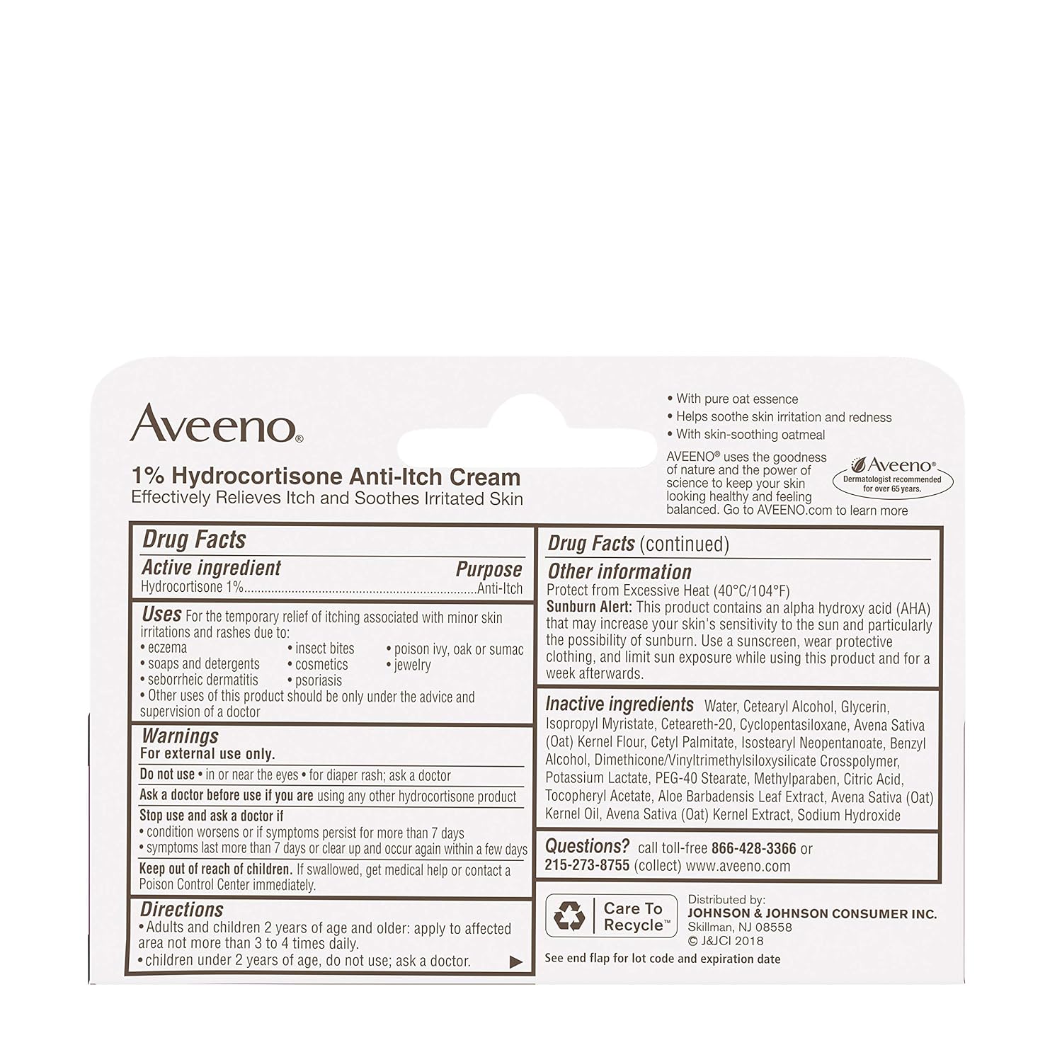 Aveeno Maximum Strength 1% Hydrocortisone Anti-Itch Cream with Pure Oat Essence Triple Oat complex, Aloe & Vitamin E, For Itch, Rash & Redness Relief, 1 oz: Prime Pantry