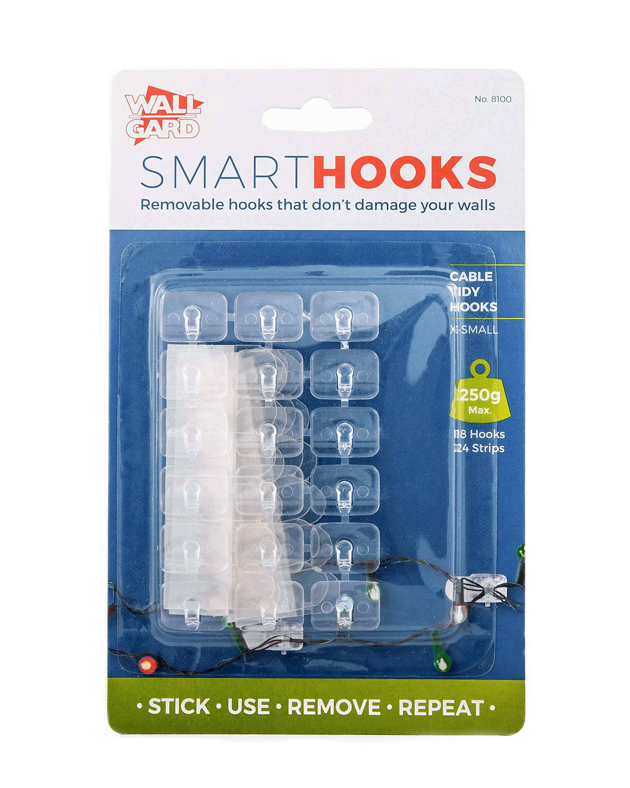 Wall Gard Removable Self-Adhesive Christmas Decoration & Fairy Lights Hanging Stick On Plastic Hooks, Clear X-Small Clips