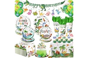189 Pcs Dinosaur Birthday Party Supplies Set - Serves 24, Dino Decorations Kit with Banner, Balloons, Swirls, Cake Toppers, T