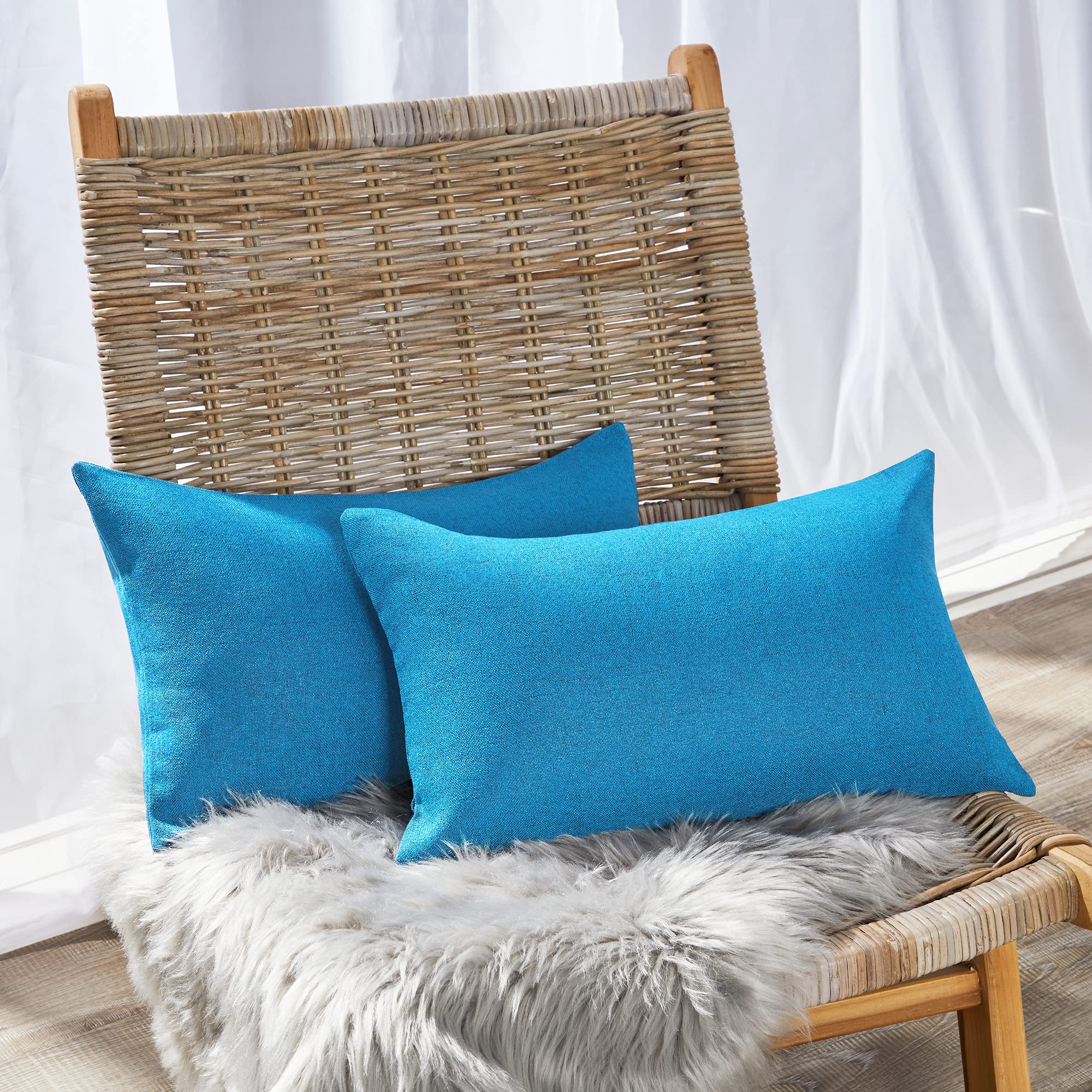 Deconovo Rectangular Cushion Covers Set of 2, Faux Linen Throw Pillow Cases for Livingroom Sofa with Invisible Zipper, 12x20 Inch, Blue Atoll