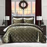 Homzard Luxury Velvet Quilt Set King Size Bedding, Olive Green Comforter Set, Ultra-Soft Channel Stitch All Season, Lightweight Bedspread Coverlet with 2 Pillow Shams