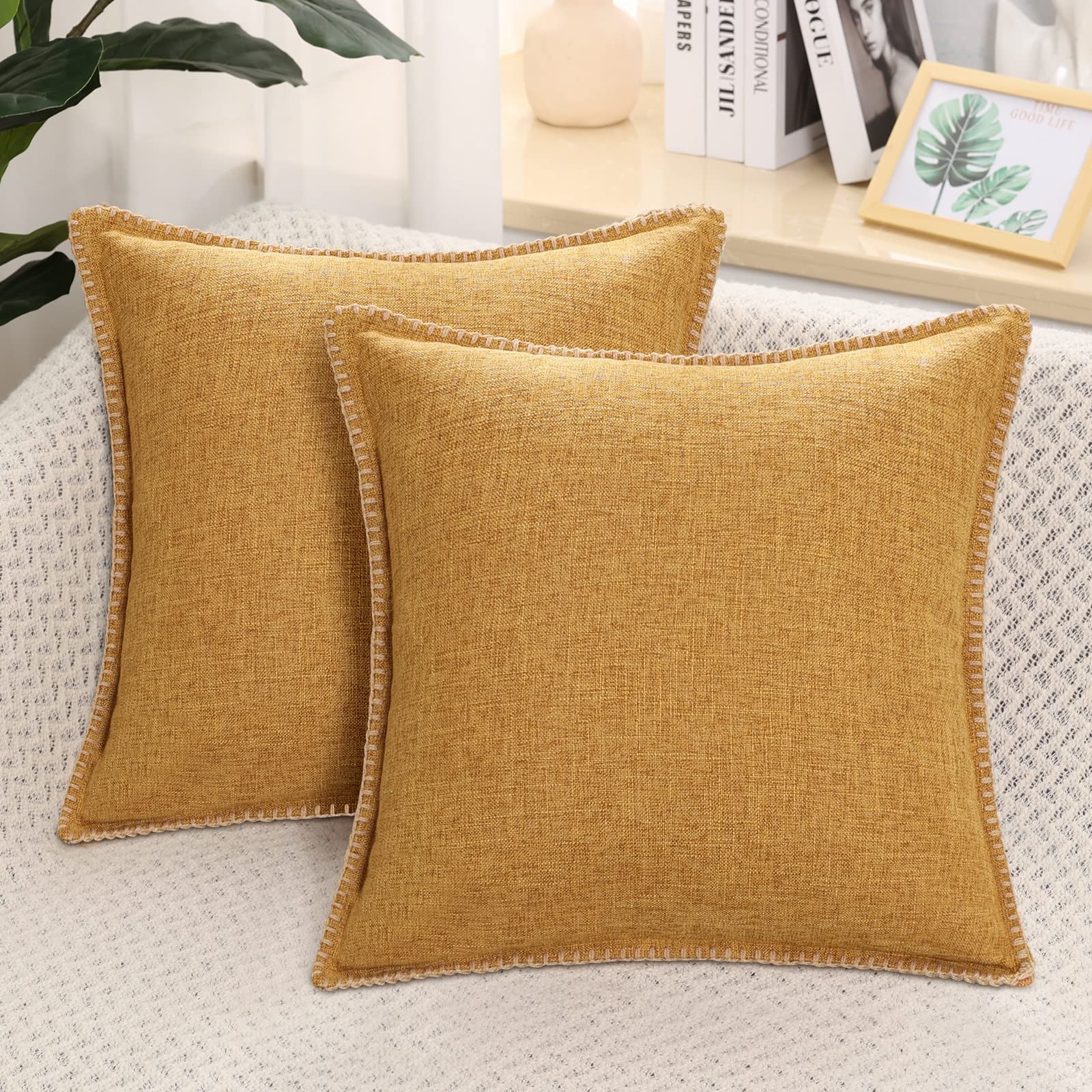 decorUhome Set of 2 Linen Cushion Covers 55X55cm,Decorative Outdoor Plain Vintage Cushion Covers with Stitched Edges, Square Farmhouse Neutral Pillow case 22x22 Inch for Sofa, Bronze Gold