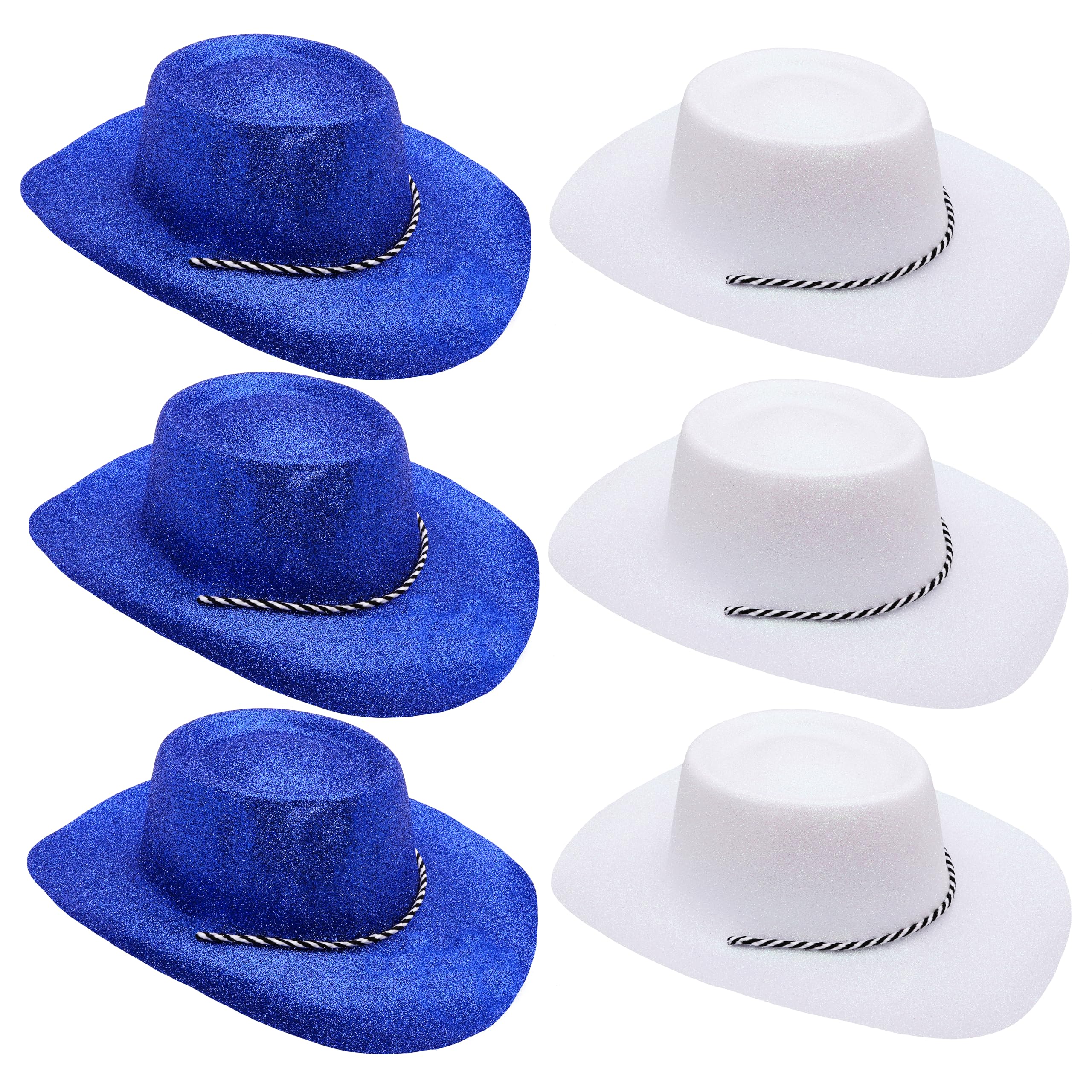 Toyland® Pack of 6 Glitter Cowboy Hats - 3 Blue & 3 White - Size 34cm (13") - Perfect for Euros, World Cup & Olympics