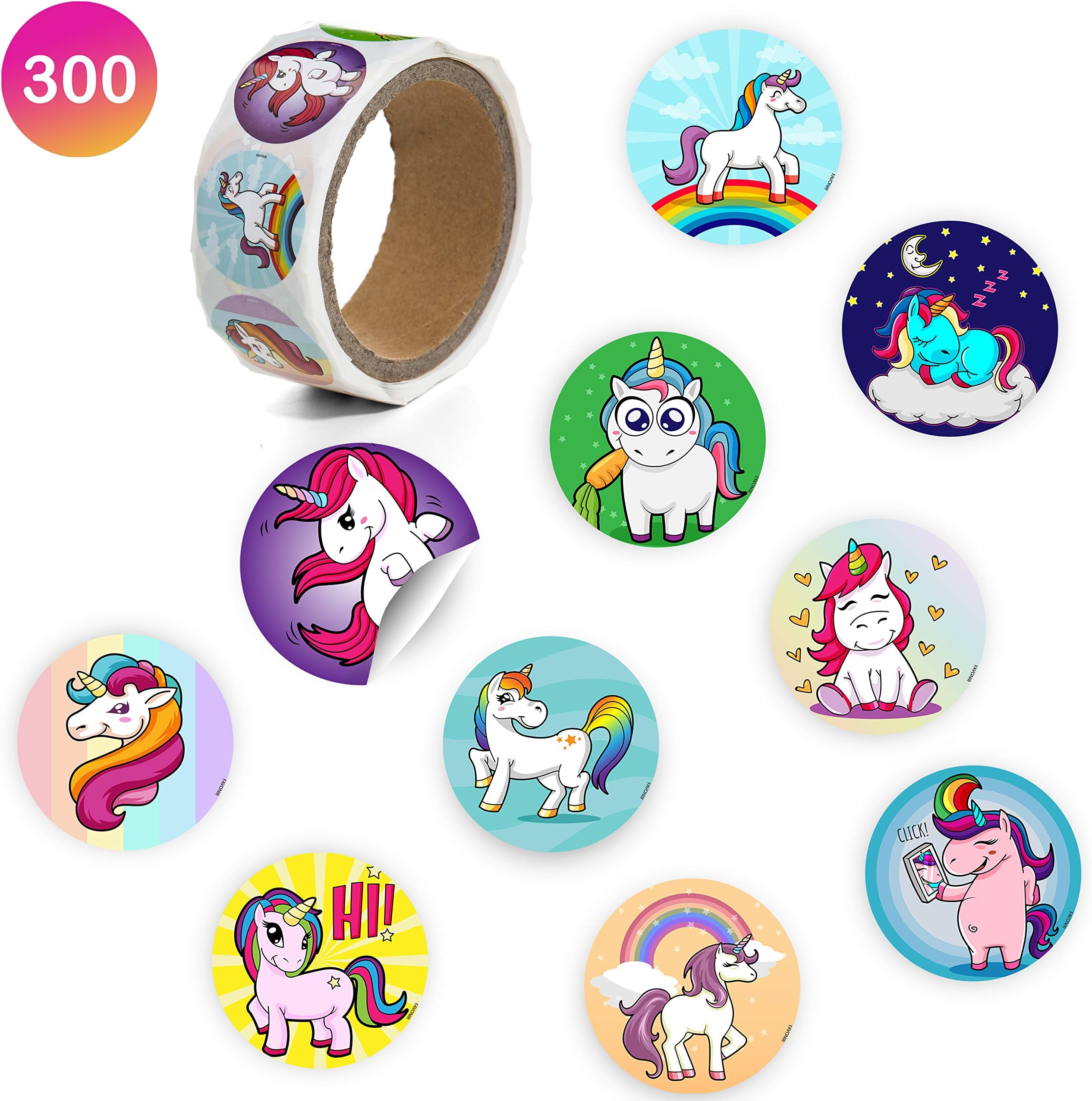 Favonir Unicorn Stationery Roll Stickers – 300 Count 10 Creative Assorted Designs – 1.5 Inch Round Labels – Ideal As Birthday Party Favor Decoration, School And Home Reward Prizes, Carnival And Events