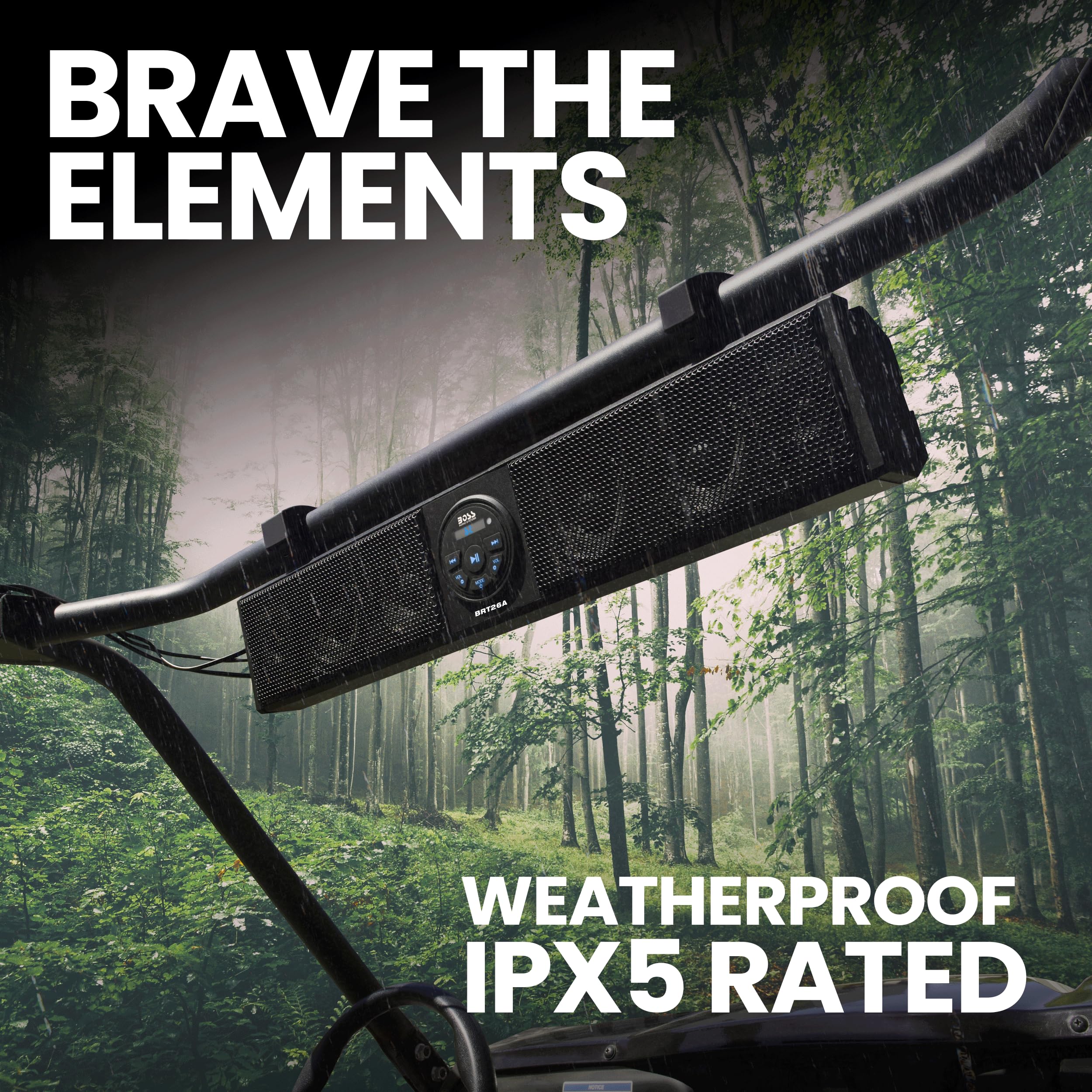 BOSS Audio Systems BRT26A ATV UTV Sound Bar - 26 Inch Wide, 4 Inch Speakers, 1 Inch Soft Dome Tweeters, Full Range, IPX5 Weatherproof, Bluetooth, Built-in Amplifier, Golf Cart Compatible