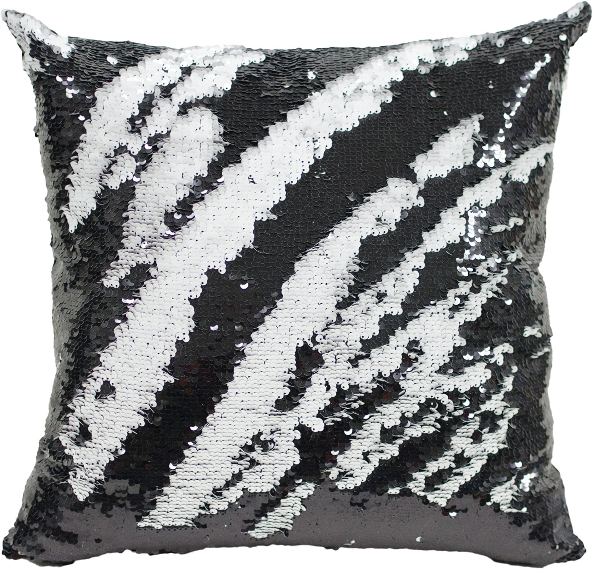 2-Tone Reversible BLACK+WHITE MATTE Decorative Sequin Throw Pillow 17x17 Inch, Comfortable Fill For Living Room, Couch, Bedroom, Fun Mermaid Reversible Style