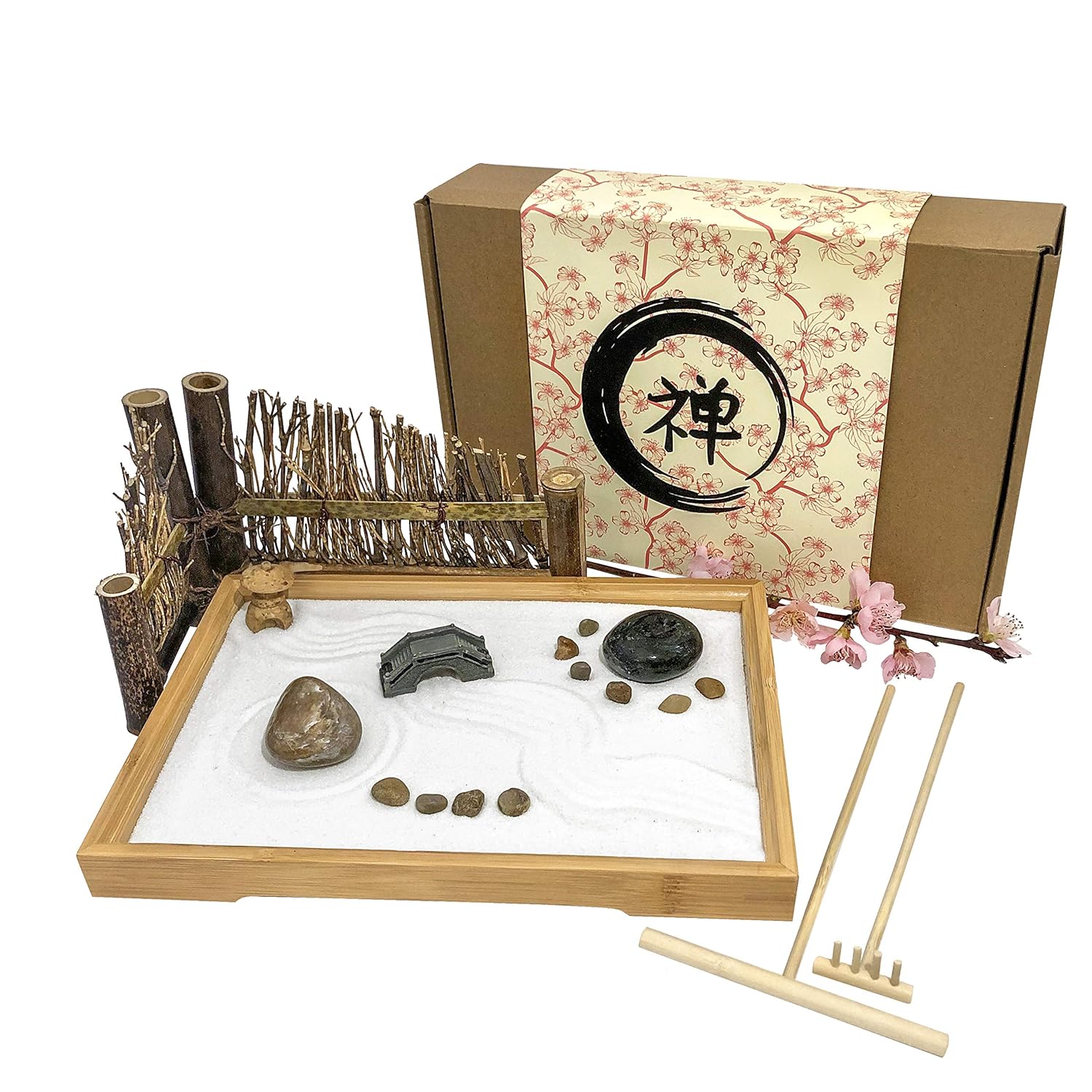 Japanese Zen Garden for Desk 11x7.5 Inches Large Bamboo Tray, White Sand, River Rocks