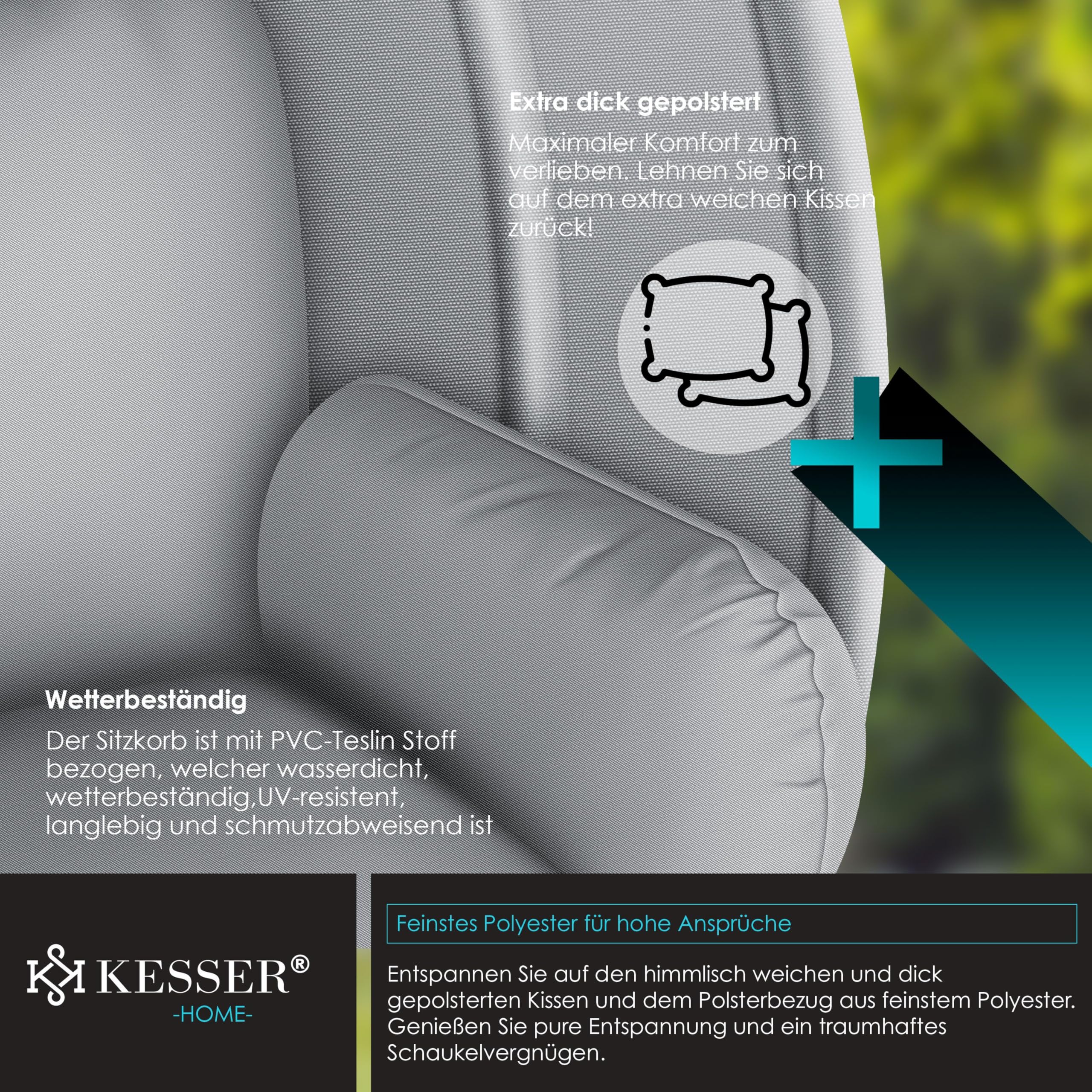 KESSER® Luxe Hängesessel mit Gestell + weiches Sitzkissen und Abdeckung, Seitenpolsterung, Rückenkissen Hängekorb Indoor & Outdoor, Garten Schaukel Hängestuhl Stabiler Standfuß, max. 150 kg Grau 4