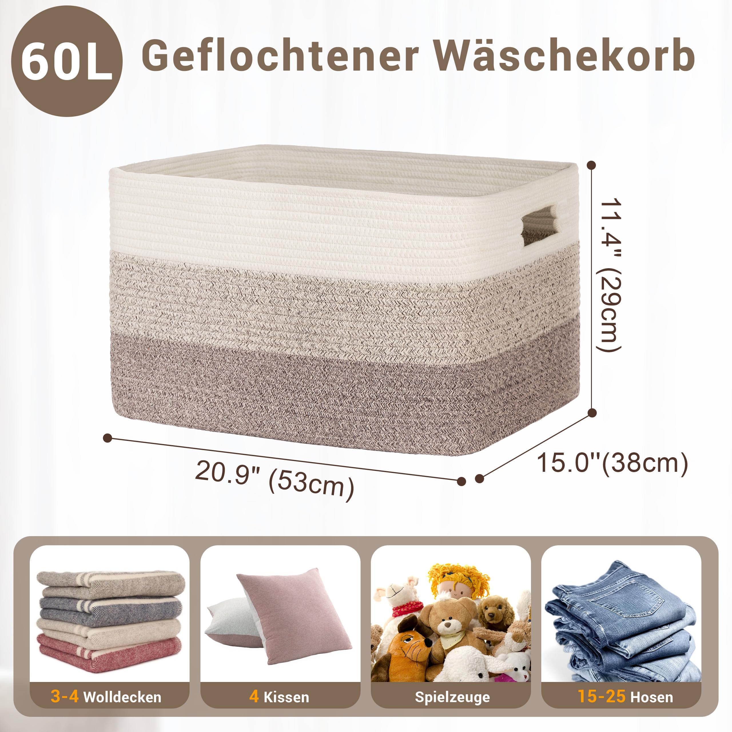 MYHOMMATTO 60L großer Wäschekorb geflochten mit Henkeln, Farbverlauf Braun 2