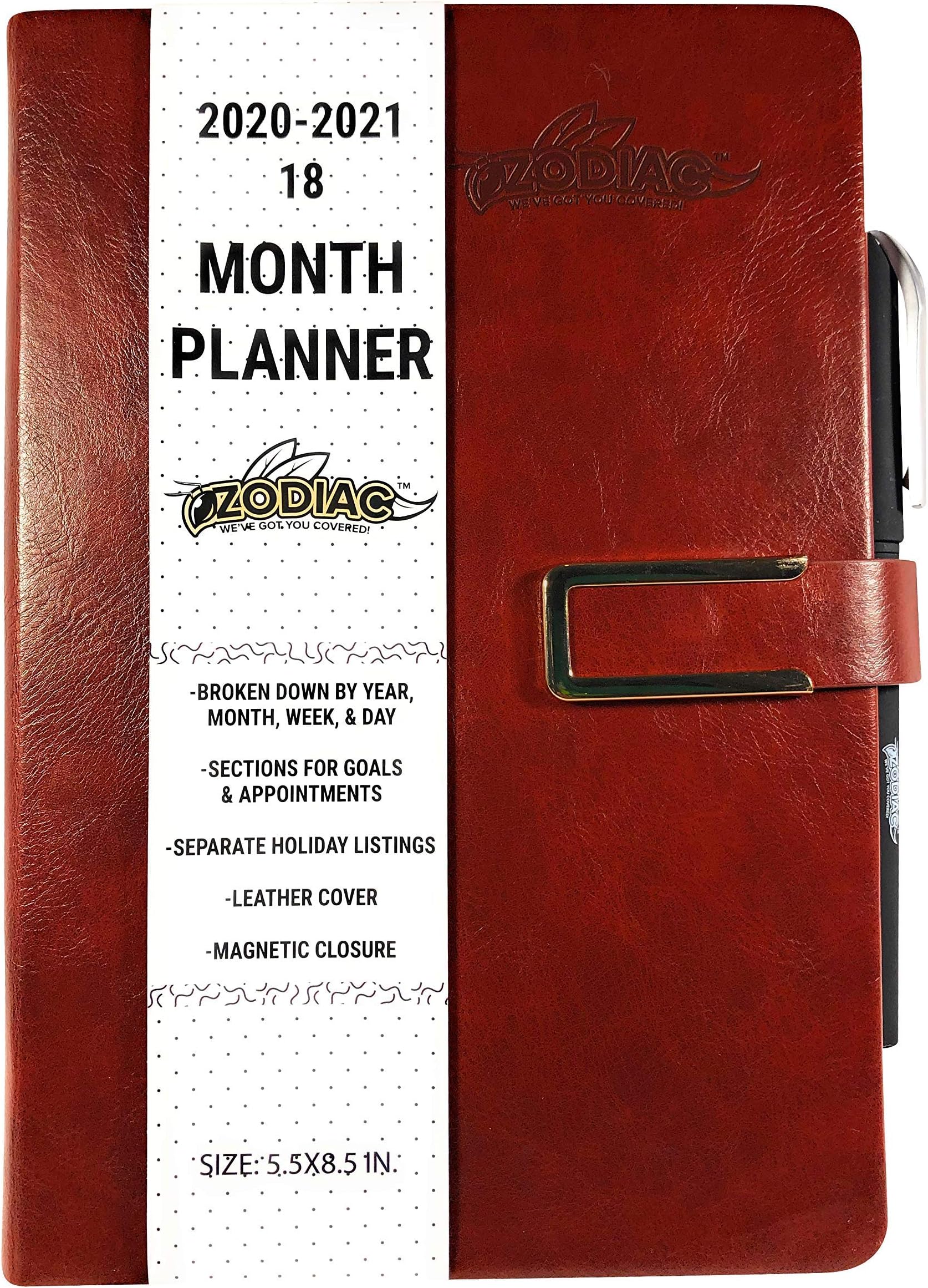 Zodiac Bee 2020 Planner, 18 Month Daily, Weekly, Yearly Journal, Personal Organizer, Separate Goal and Appointment Schedule Sections, Leather Cover, Pen Holder, Pen Included (Brown)