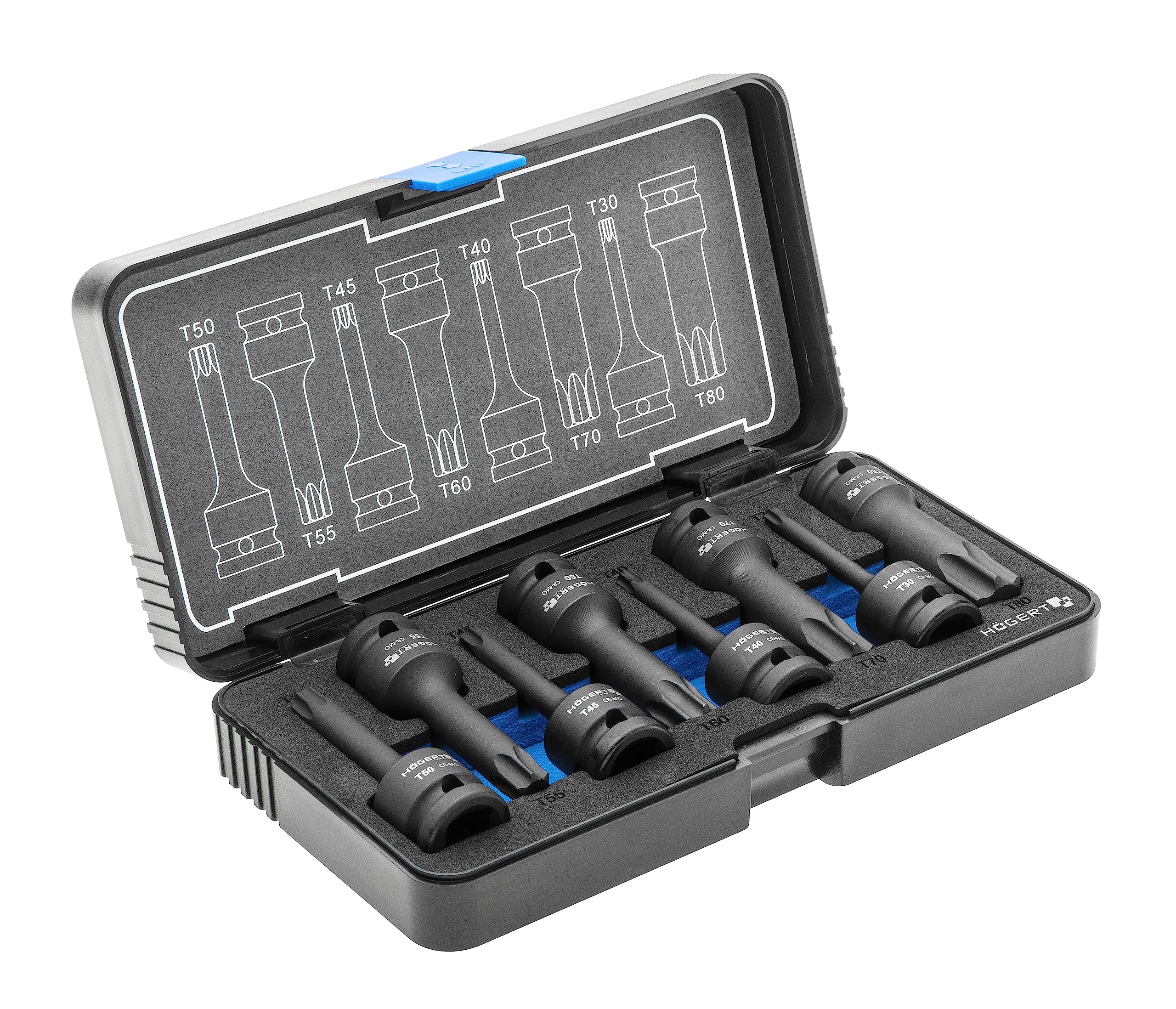 Högert Technik Torx Compressed Air Impact Wrench Socket Set of 8 1/2 Inch CrMo Torx Impact Wrench Set for Car and Mechanics Service