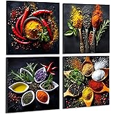 Deveosa Kitchen Wall Art Decor - 4 Pieces Colorful Spices And Spoon Kitchen Artwork Frames Food Wall Art Pictures Canvas Dining Room Modern Decorations