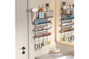 SONYABECCA Wall-Mounted Hair Dryer Holder Styling Tool Organizer 4-Shelf Storage Wire Basket with Hook Heat Safe Rack for Hair-Straighteners,Curling Wands,Flat Iron,Perfume,Cabinet Door Bathroom Kitchen
