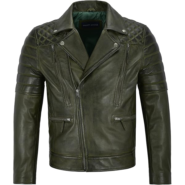 Men's Biker Leather Jacket Green Vintage Brando Style Thick