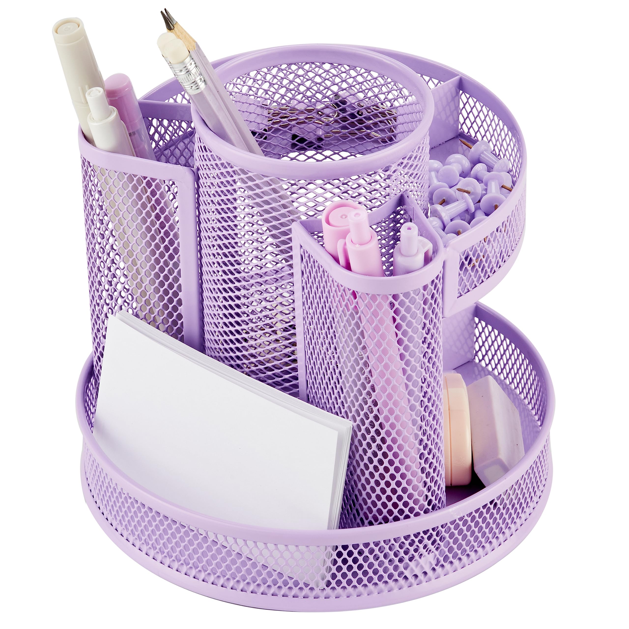 Annova Mesh Desk Organizer Rotate with 5 Compartments Round Spinning Tidy Candy/Pen Holder Desk Accessories Office, Art Supply, Storage, Classroom, Home (Light Purple)
