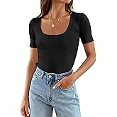 ZESICA Women's 2025 Short Sleeve Square Neck T Shirts Slim Fitted Summer Ribbed Knit Basic Casual Tee Tops