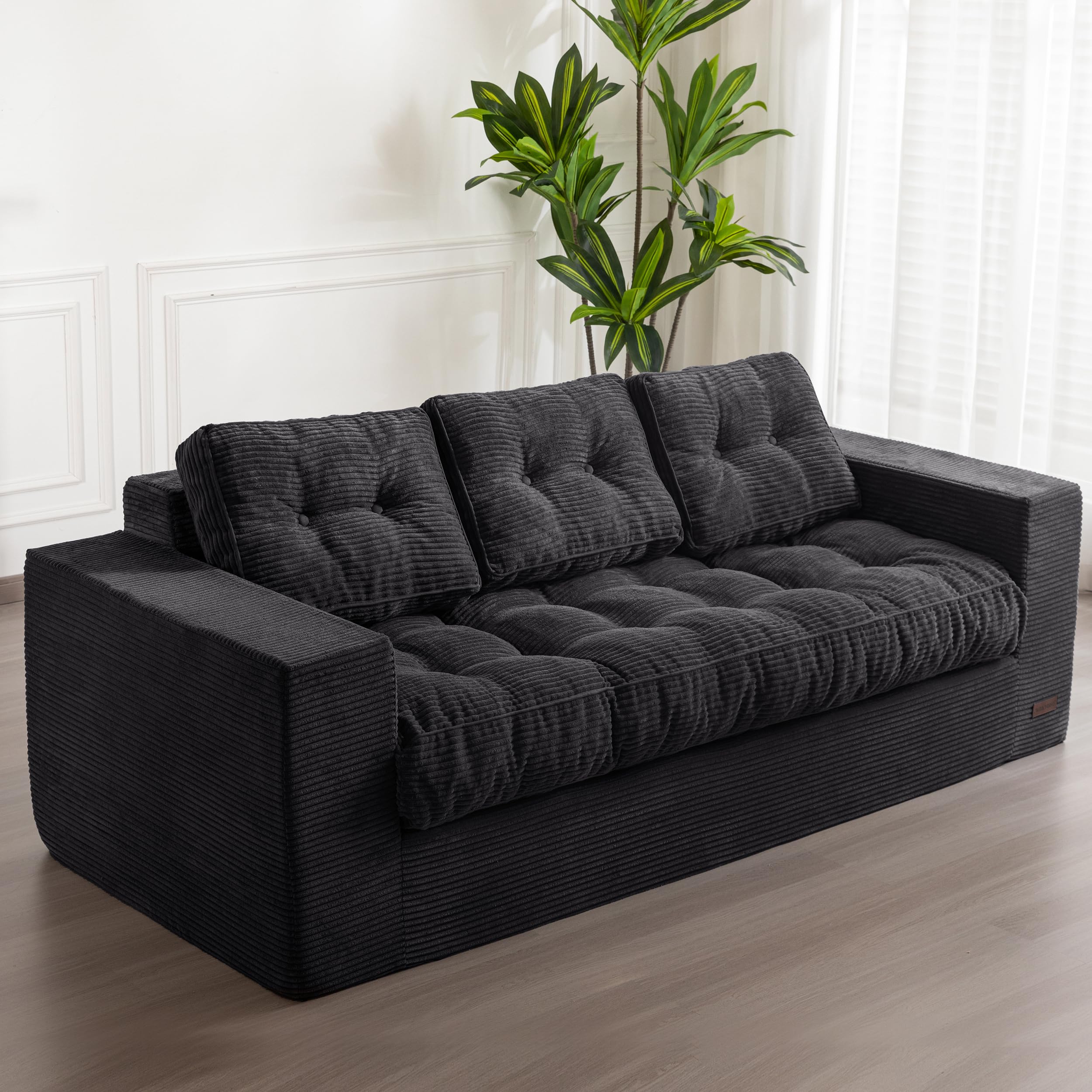 Photo 1 of MAXYOYO 3 Seater Couch for Living Room, Boneless Couch with Tufted Cushion & Backrest, Upholstered Floor Sofa with Armrests, Sofa in A Box, No Assembly Required, Black